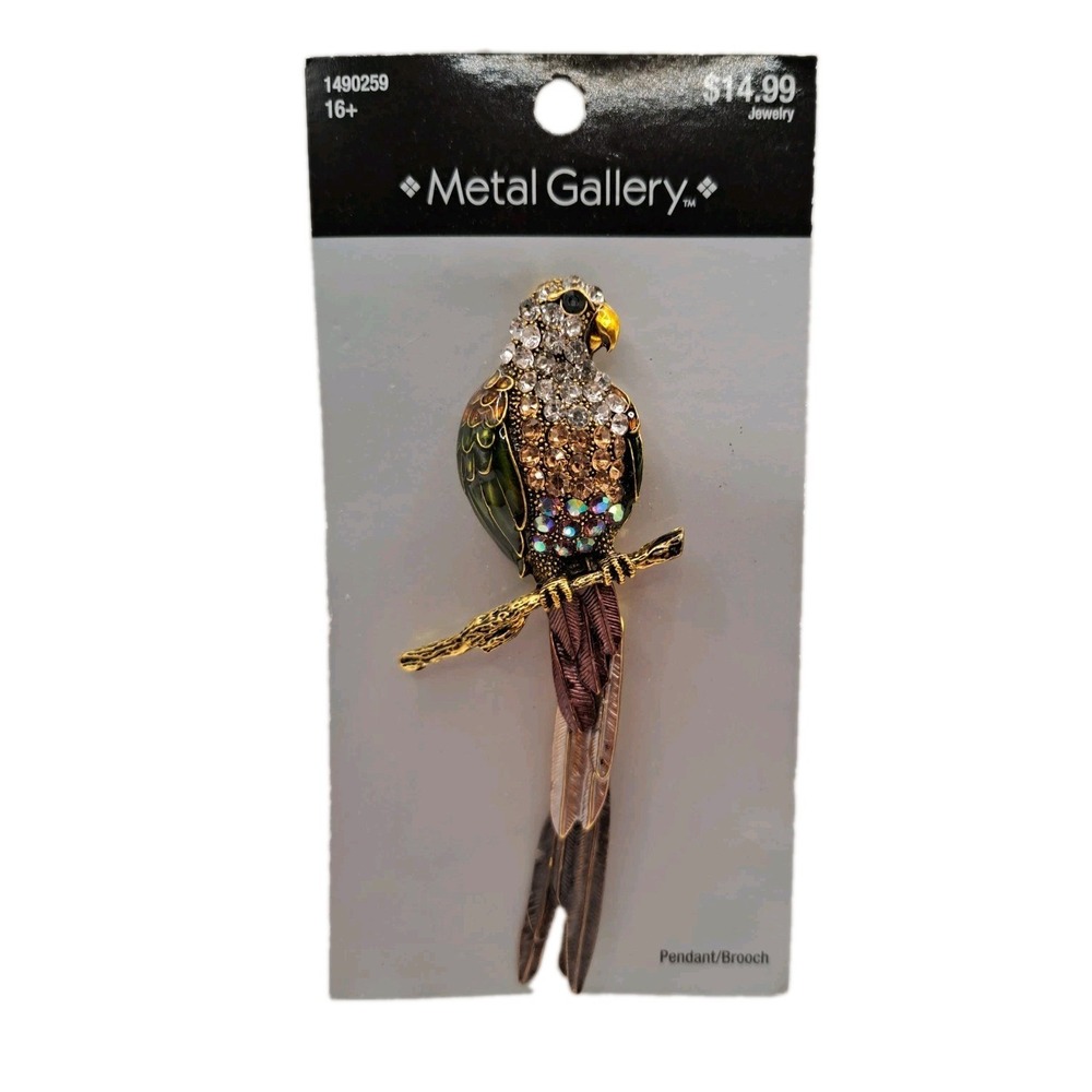 Metal Gallery Parrot Brooch And Pendant With Rhinestones